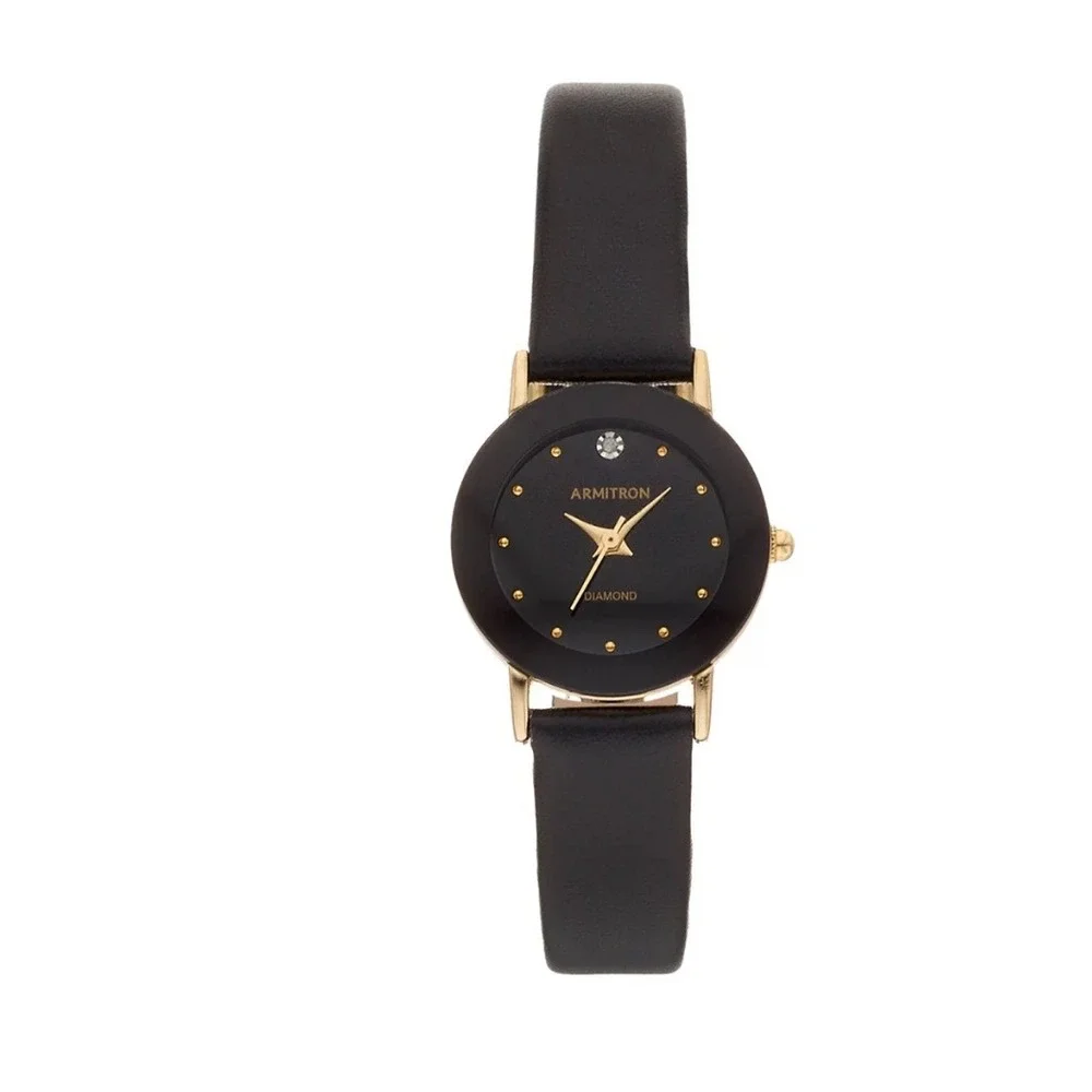 Armitron Womens Diamond Accent Watch Black Leather Watch Gold Tone New
